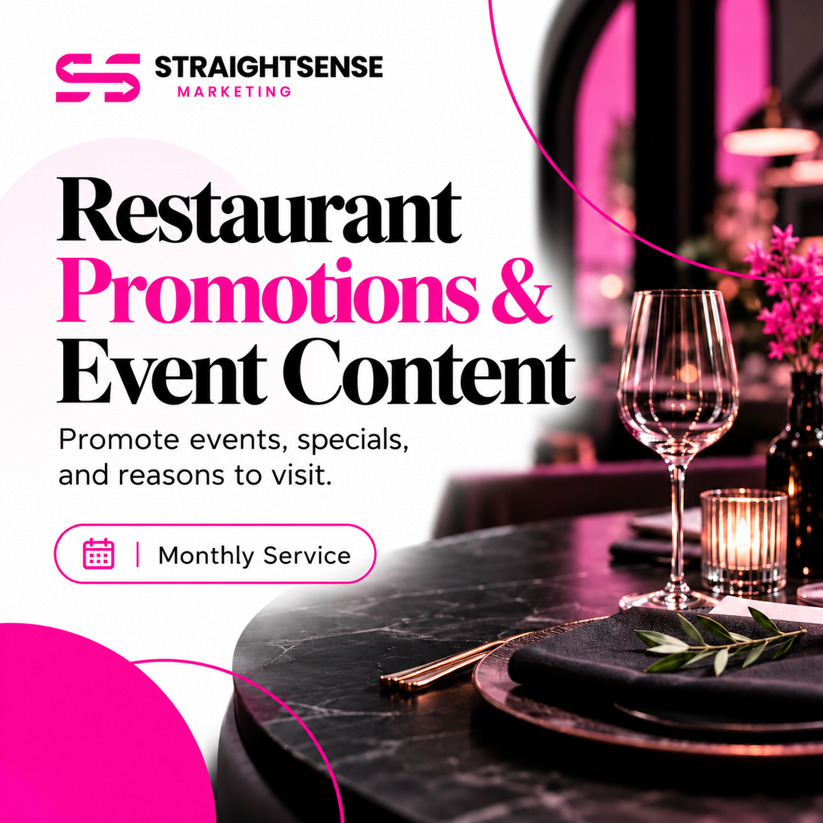 Restaurant promotions graphic with an elegant dining table, wine glass and warm pink lighting.