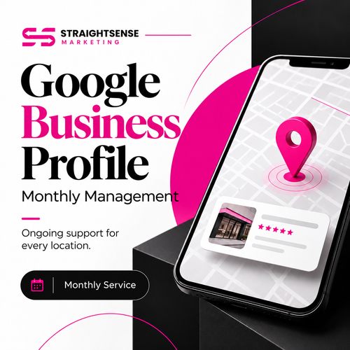 Monthly Google Business Profile management graphic featuring a smartphone map and magenta location marker.