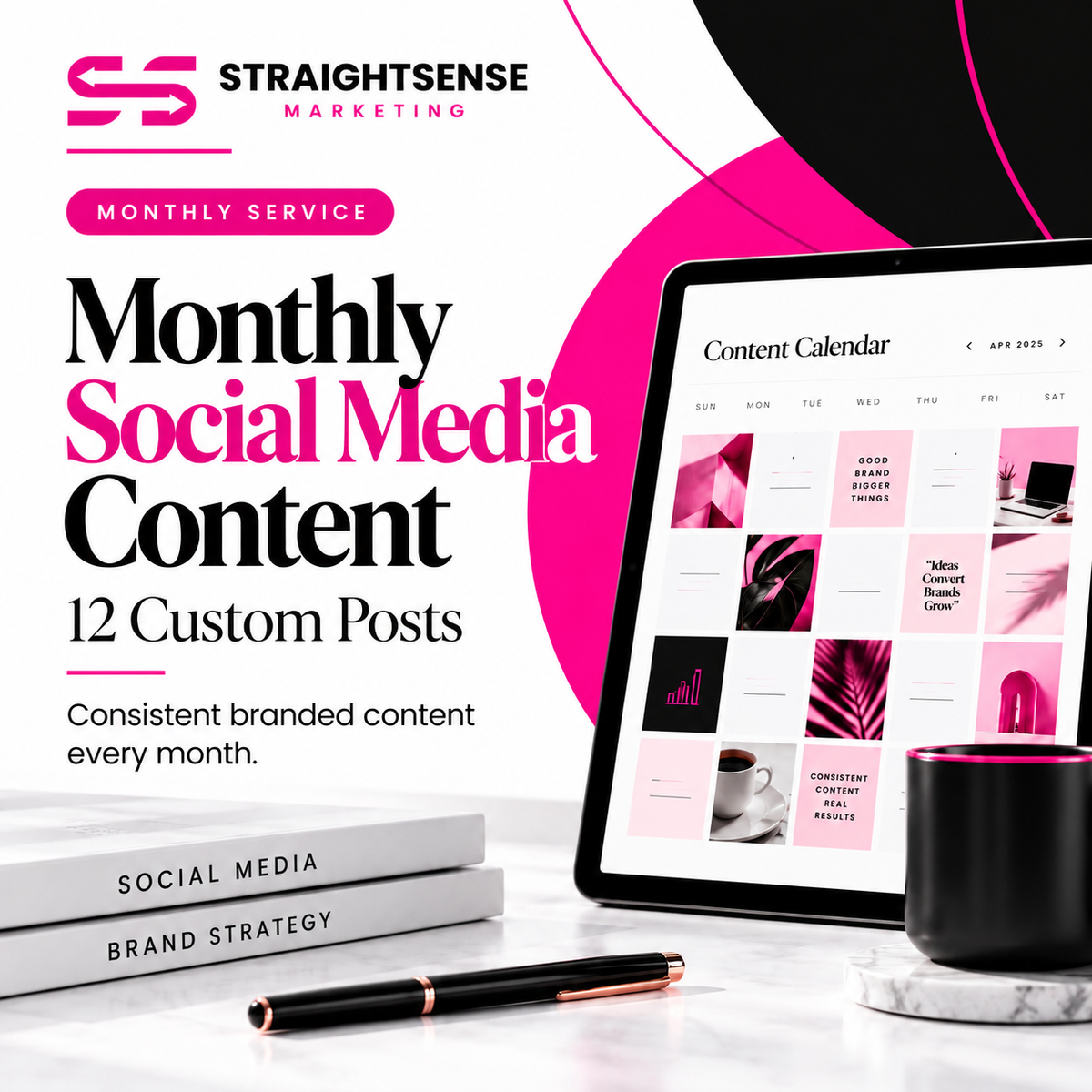 Monthly social media content graphic with a tablet displaying a pink and black content calendar.