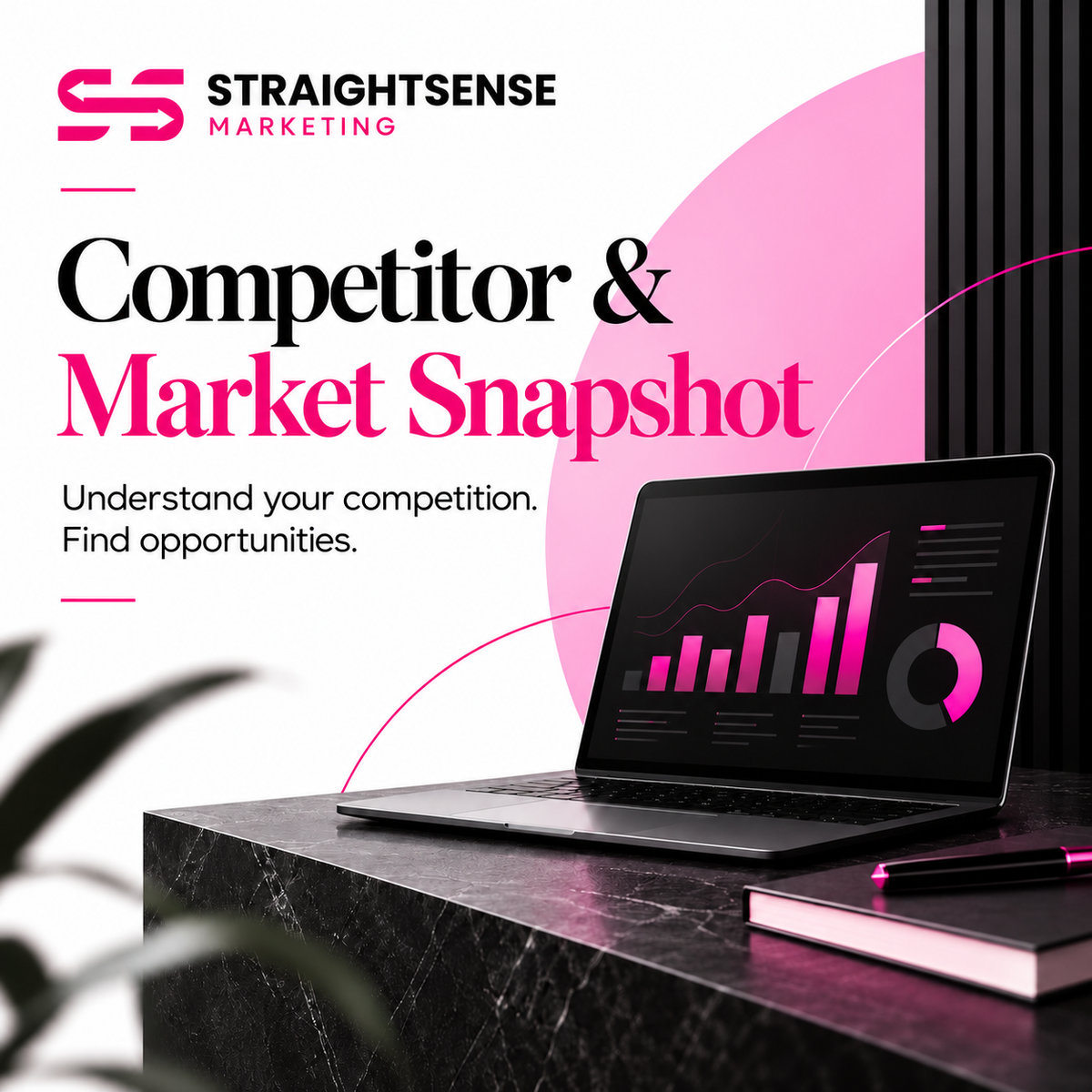 Competitor and market research graphic featuring a laptop displaying pink and black charts.