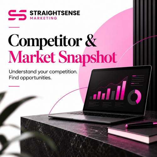 Competitor and market research graphic featuring a laptop displaying pink and black charts.