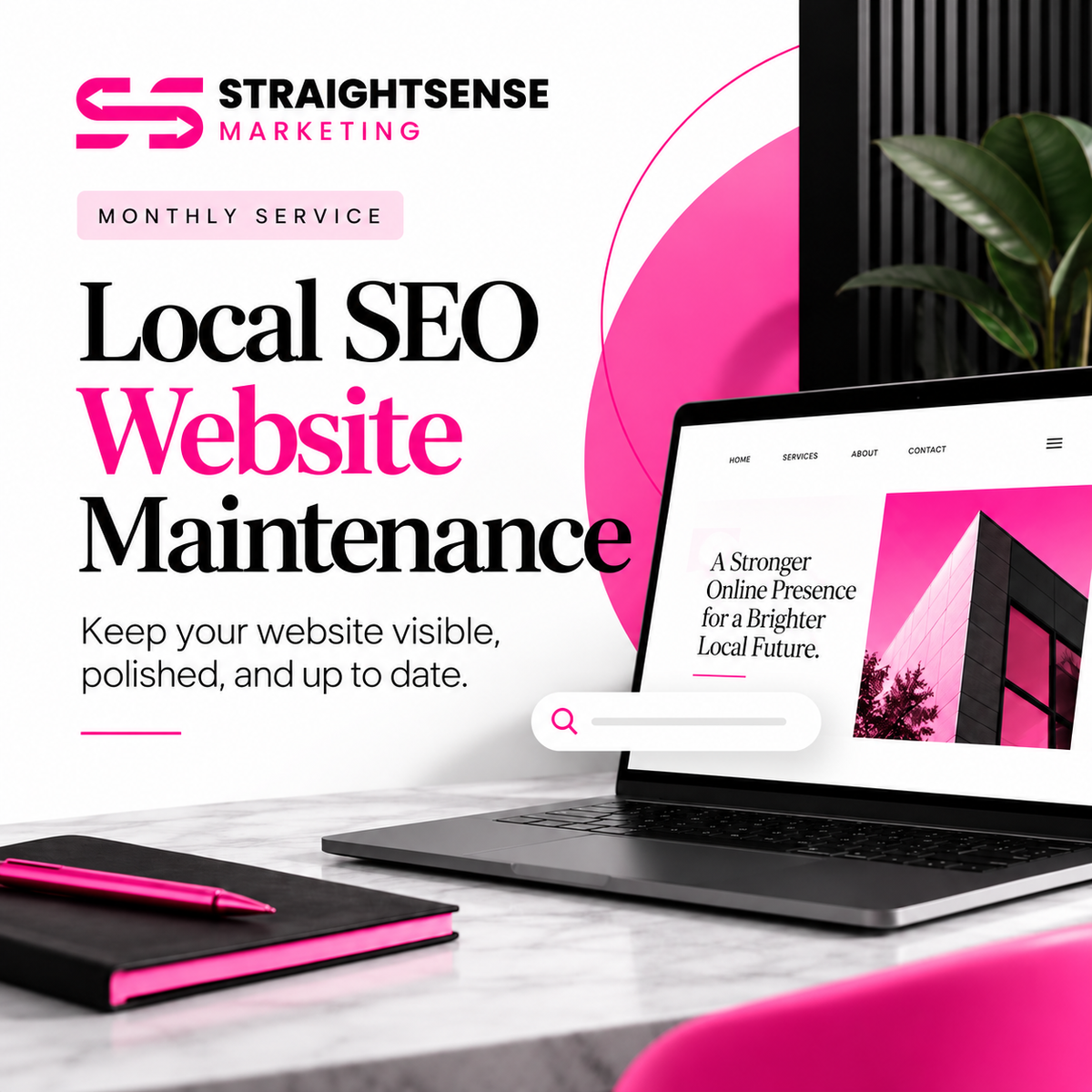 Local SEO website maintenance graphic showing a laptop with a sample website and pink accents.