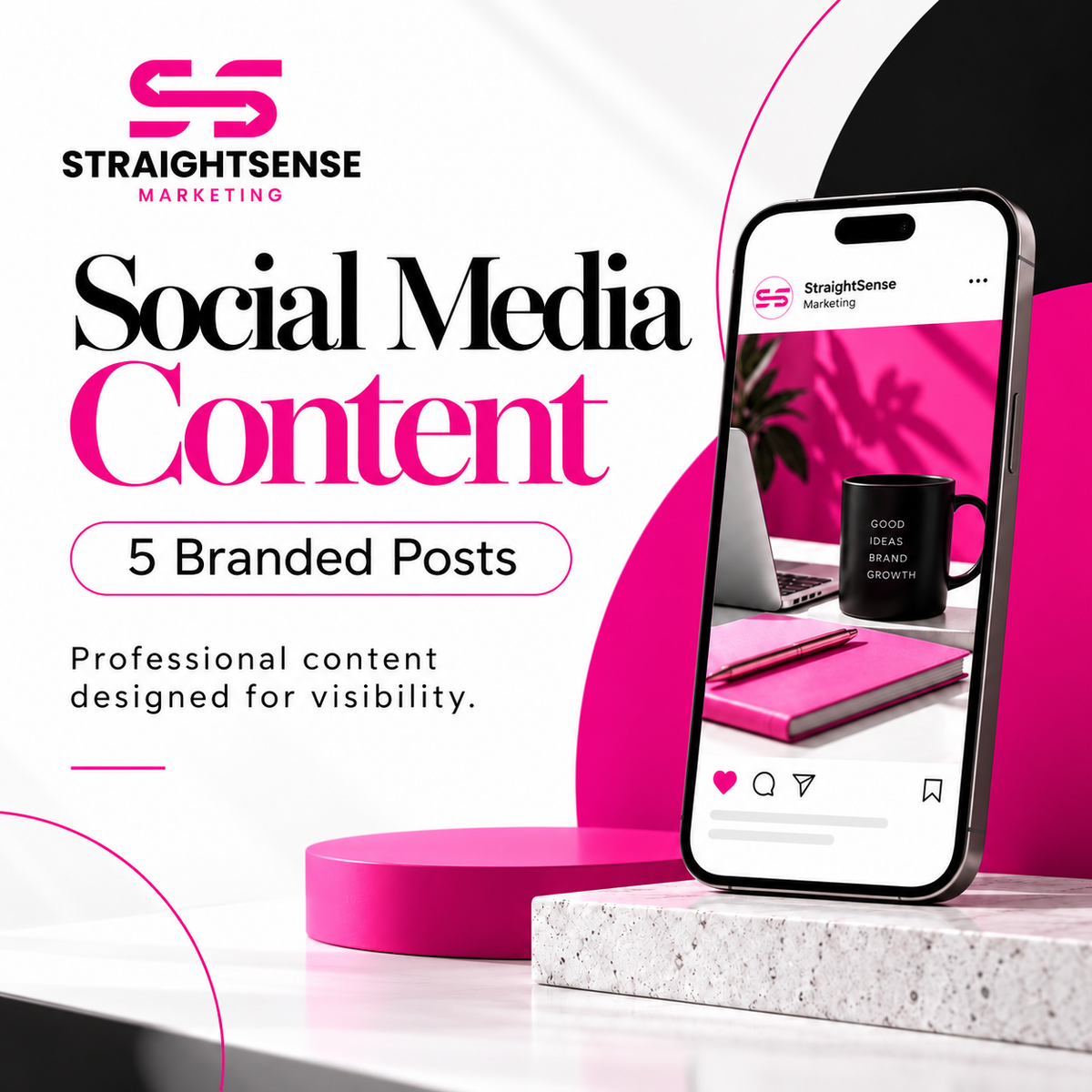 Five branded social media posts graphic with a smartphone showing pink and black social content.