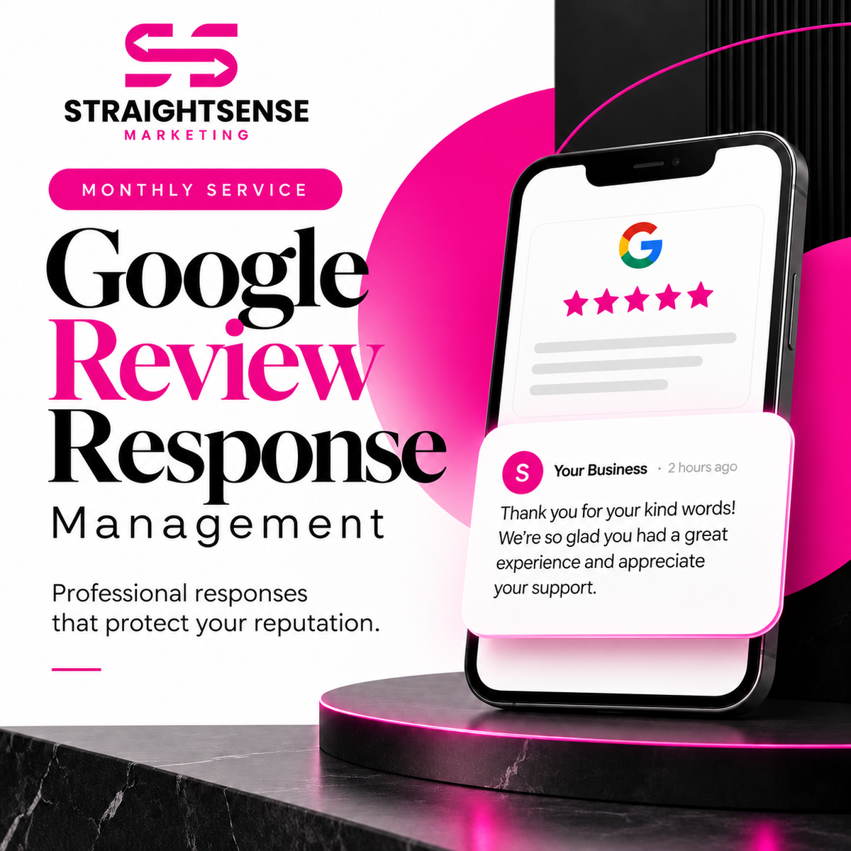 Google review response management graphic with a phone showing a sample customer review and reply.