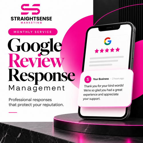 Google review response management graphic with a phone showing a sample customer review and reply.