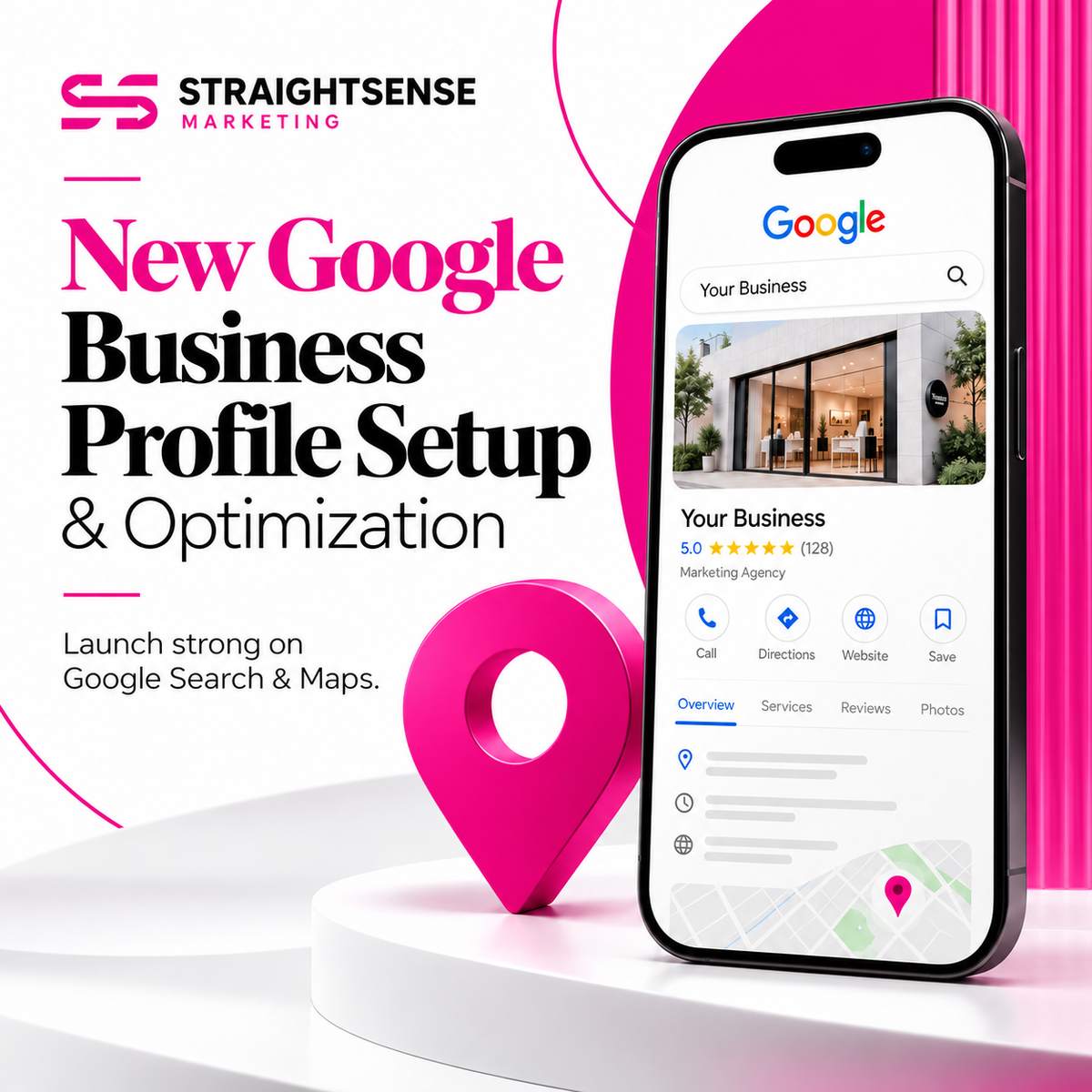 New Google Business Profile setup graphic with a smartphone displaying a sample business listing and a magenta map pin.